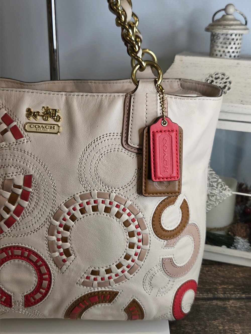 Coach Madison Op Art Whipstitch Leather Tote Bag Parchment White 22279 EUC - Picture 3 of 16